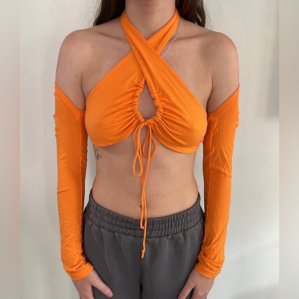 Orange high neck crop top with removable sleeve